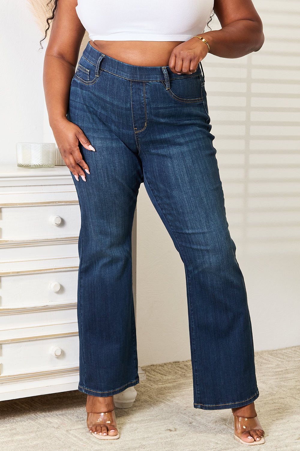 Judy Blue Full Size Elastic Waistband Slim Bootcut Jeans - Dark / 0(24) - JEANS - Dark Blue