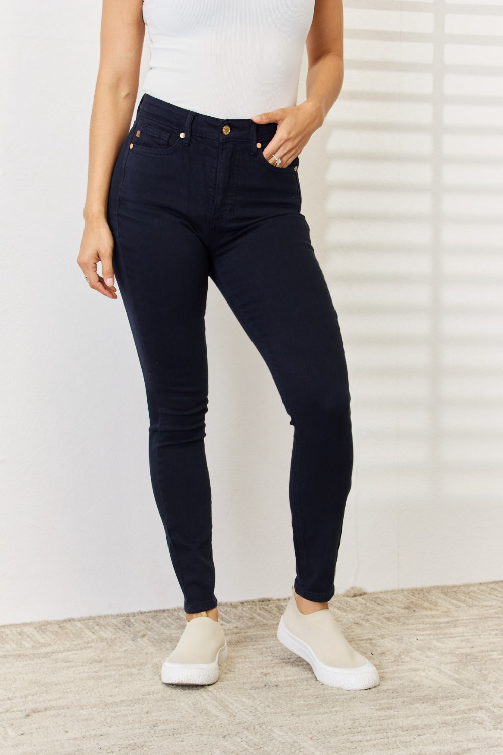 Judy Blue Full Size Garment Dyed Tummy Control Skinny Jeans - JEANS - Navy