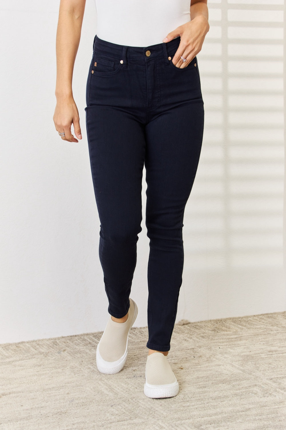 Judy Blue Full Size Garment Dyed Tummy Control Skinny Jeans - JEANS - Navy