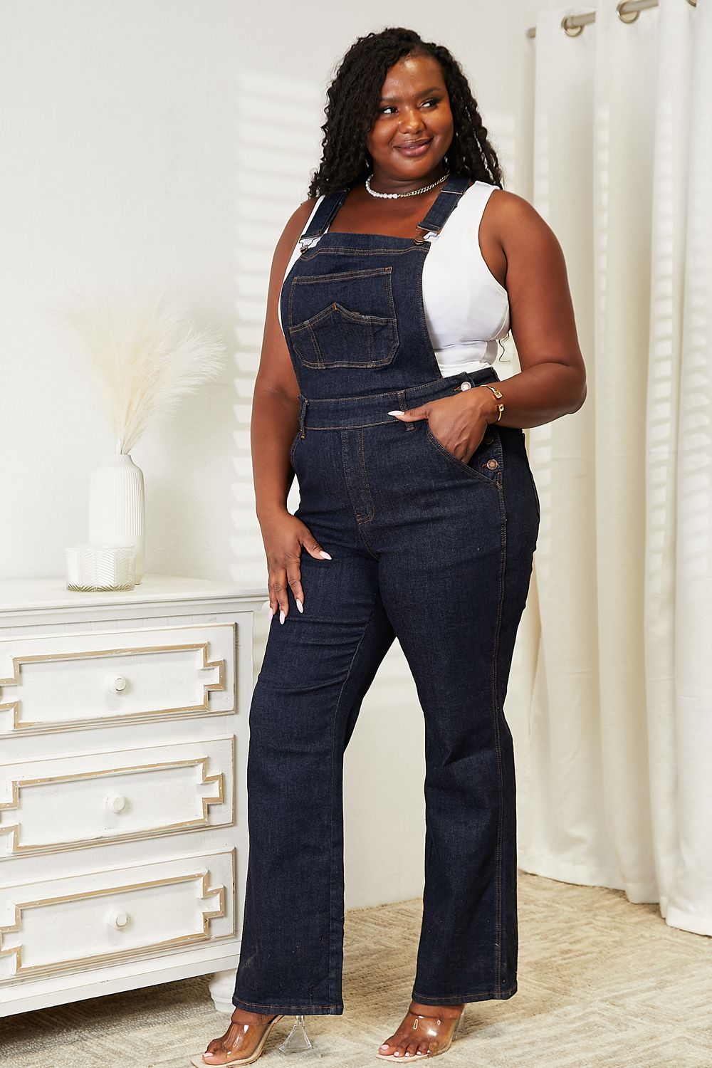 Judy Blue Full Size High Waist Classic Denim Overalls - JEANS - Dark Blue