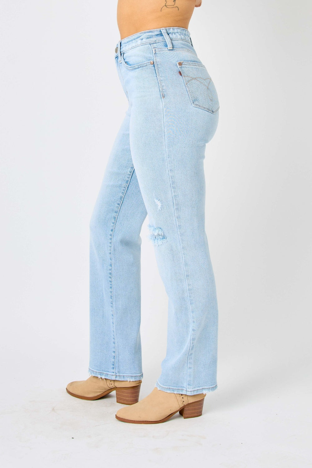 Judy Blue Full Size High Waist Distressed Straight Jeans - JEANS - Light blue