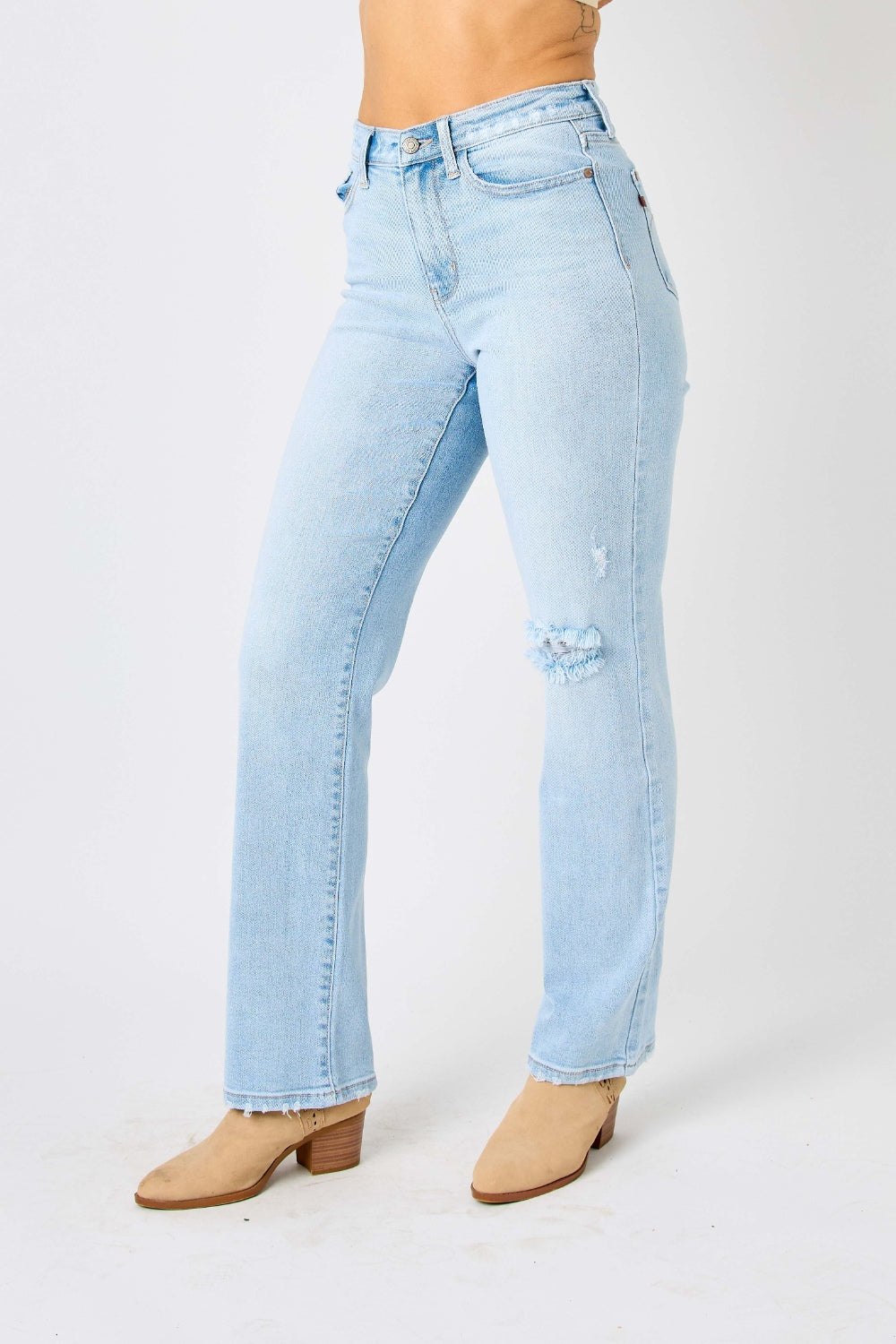 Judy Blue Full Size High Waist Distressed Straight Jeans - JEANS - Light blue