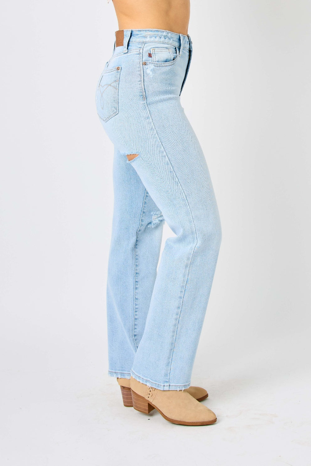 Judy Blue Full Size High Waist Distressed Straight Jeans - JEANS - Light blue