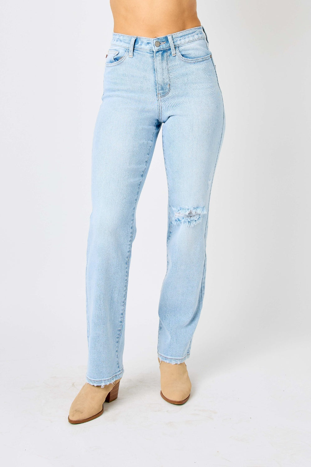 Judy Blue Full Size High Waist Distressed Straight Jeans - JEANS - Light blue