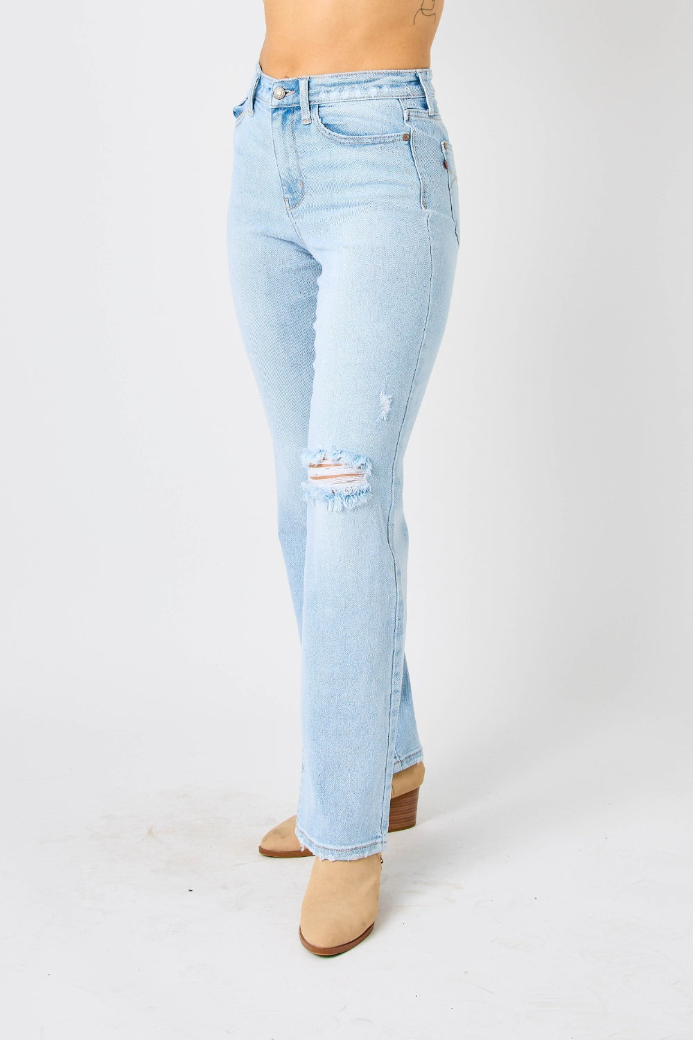 Judy Blue Full Size High Waist Distressed Straight Jeans - JEANS - Light blue