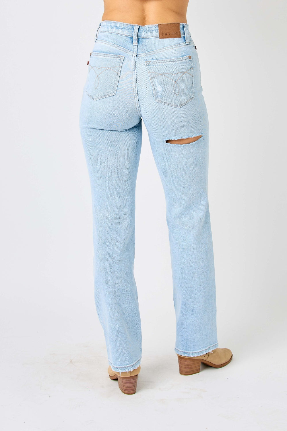 Judy Blue Full Size High Waist Distressed Straight Jeans - JEANS - Light blue