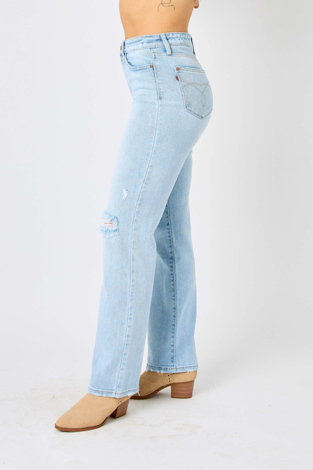 Judy Blue Full Size High Waist Distressed Straight Jeans - JEANS - Light blue