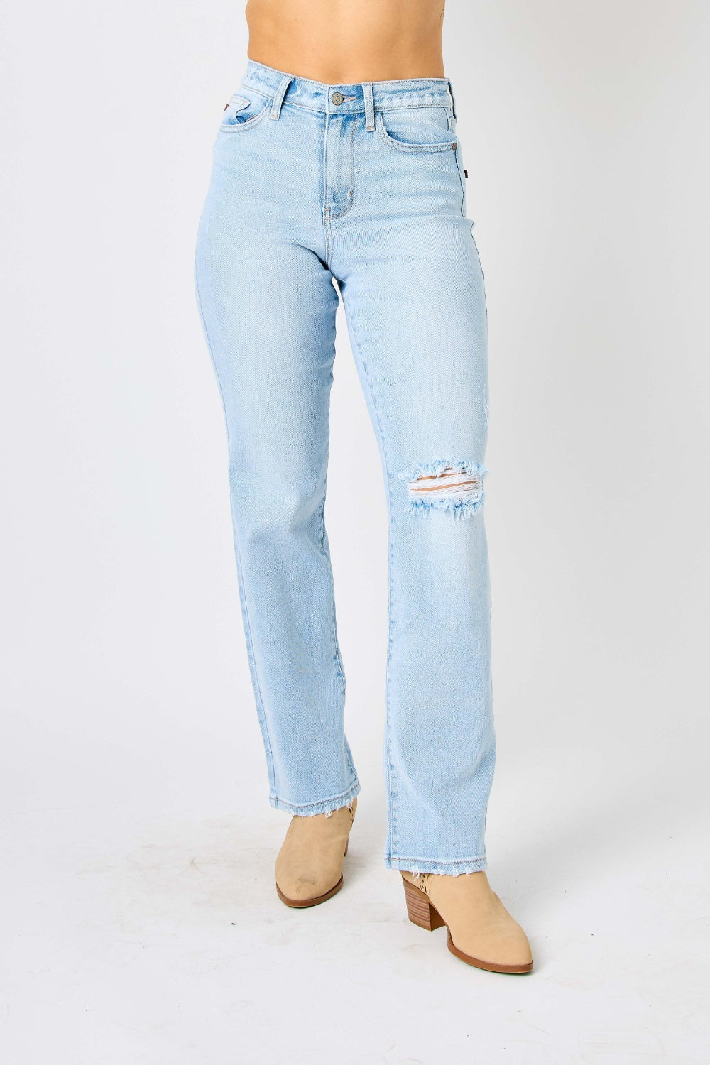 Judy Blue Full Size High Waist Distressed Straight Jeans - Light / 0(24) - JEANS - Light blue