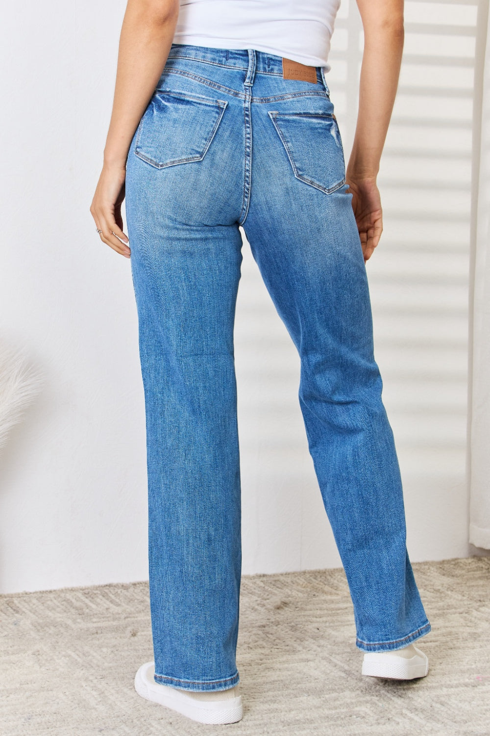 Judy Blue Full Size High Waist Distressed Straight-Leg Jeans - JEANS - Medium Denim