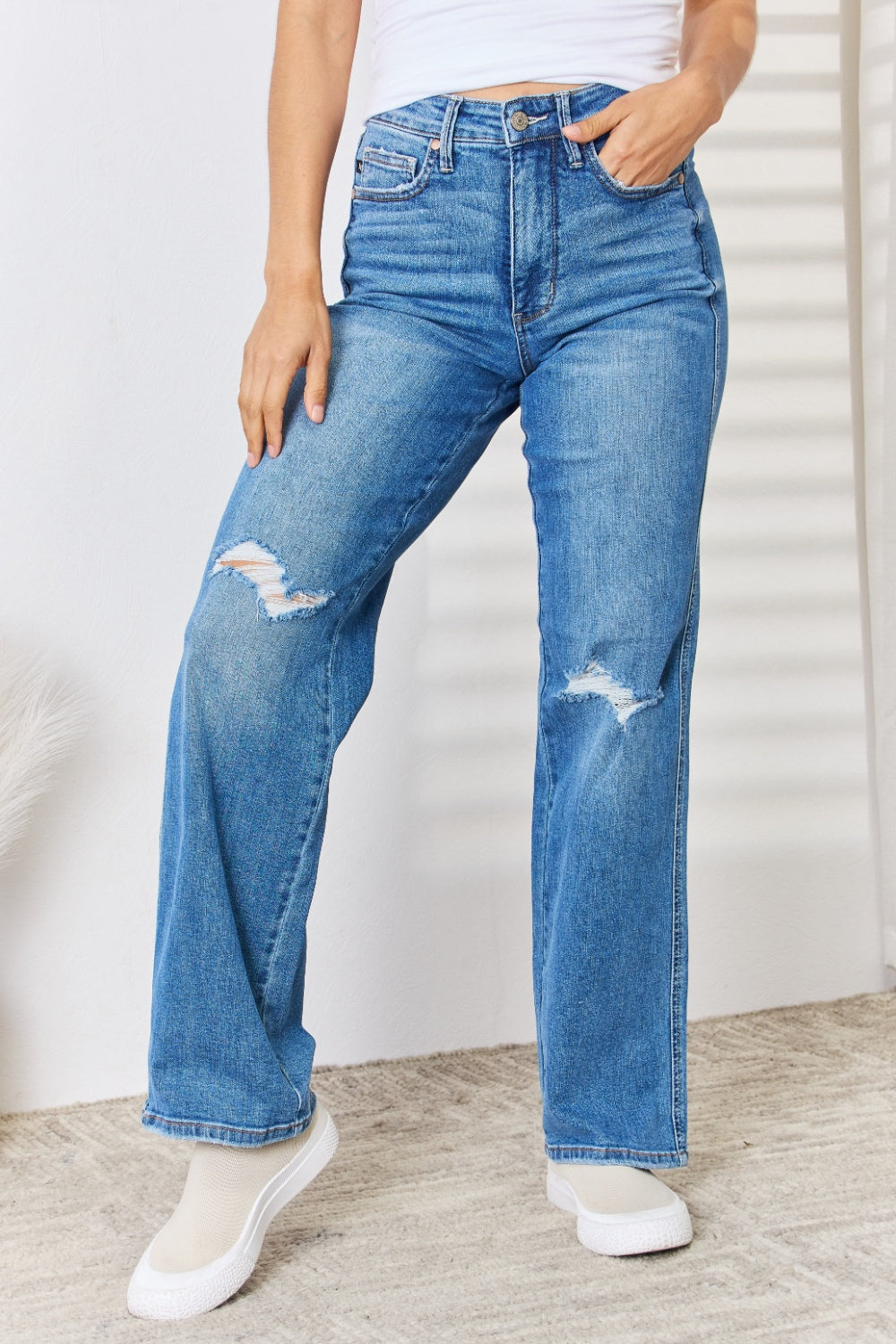 Judy Blue Full Size High Waist Distressed Straight-Leg Jeans - Medium / JEANS - Medium Denim