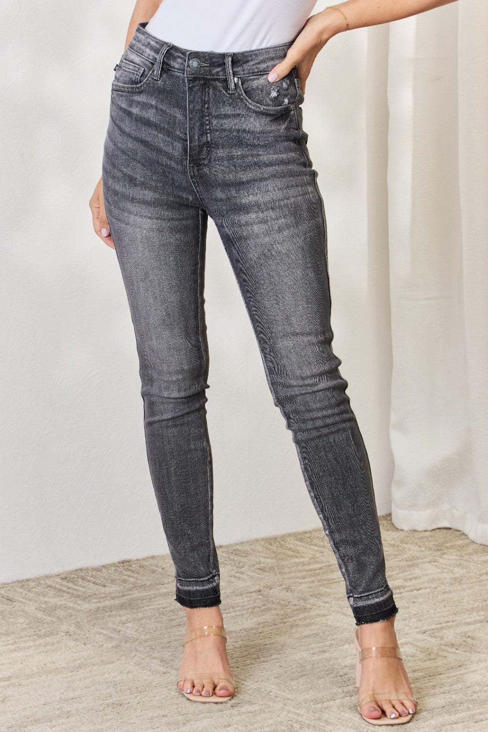 Judy Blue Full Size High Waist Tummy Control Release Hem Skinny Jeans - JEANS - Grey