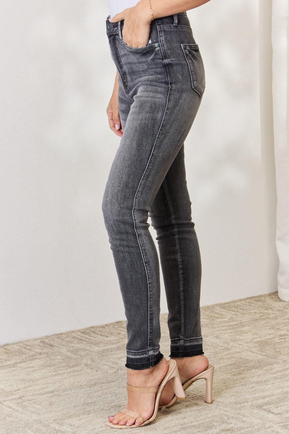 Judy Blue Full Size High Waist Tummy Control Release Hem Skinny Jeans - JEANS - Grey