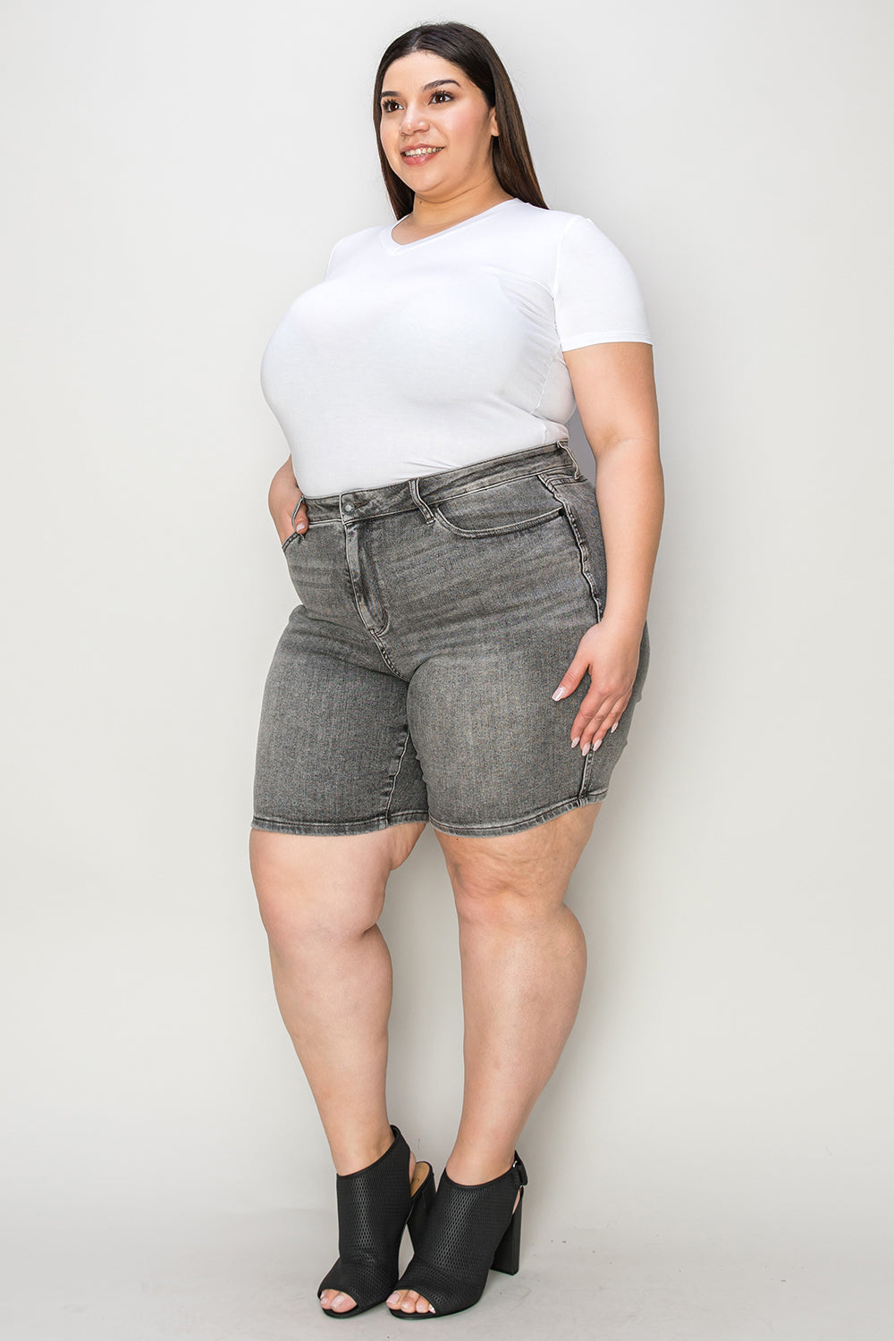 Judy Blue Full Size High Waist Washed Denim Shorts - JEANS - Grey