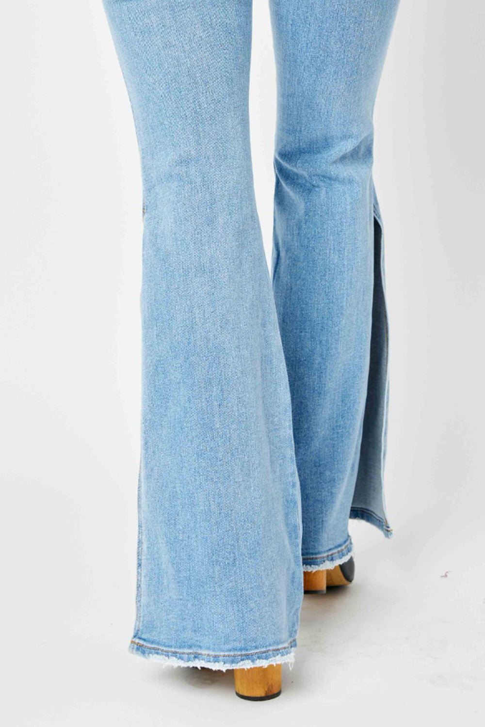 Judy Blue Full Size Mid Rise Raw Hem Slit Flare Jeans - JEANS - Medium Denim