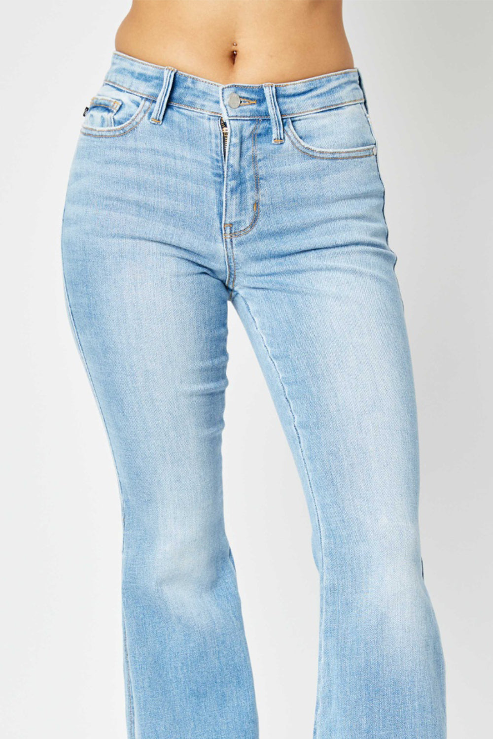 Judy Blue Full Size Mid Rise Raw Hem Slit Flare Jeans - JEANS - Medium Denim