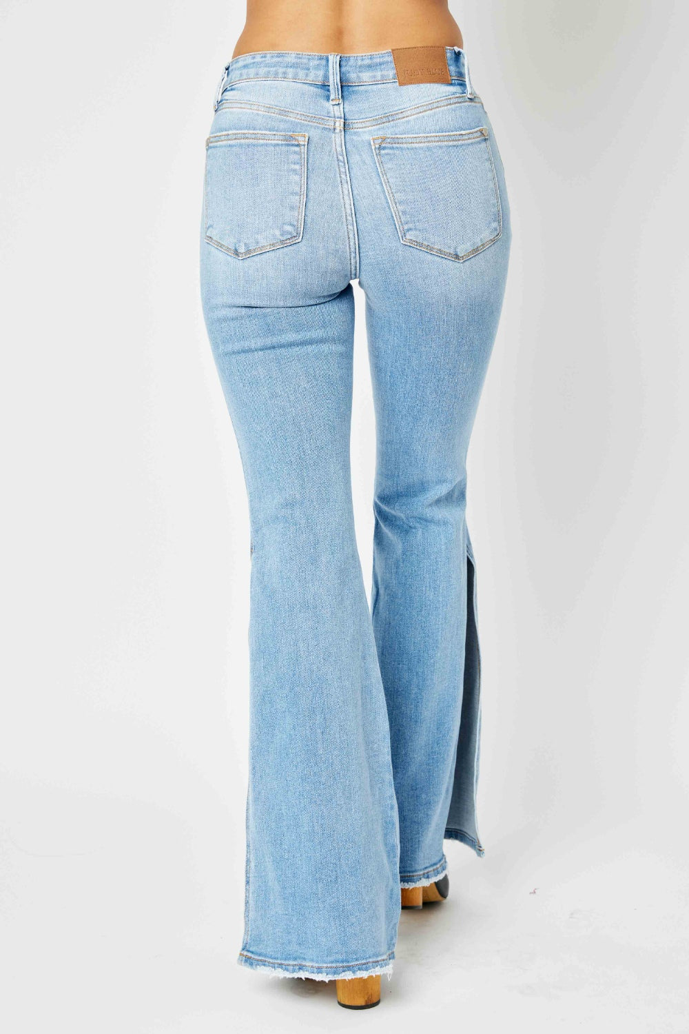 Judy Blue Full Size Mid Rise Raw Hem Slit Flare Jeans - JEANS - Medium Denim