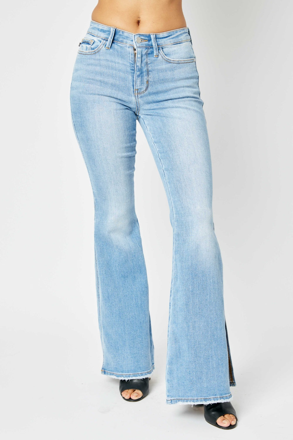 Judy Blue Full Size Mid Rise Raw Hem Slit Flare Jeans - Medium / 1(25) - JEANS - Medium Denim