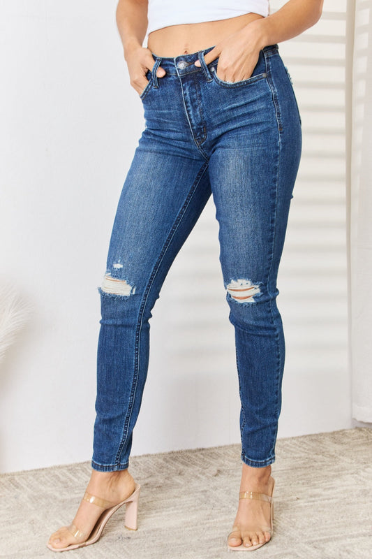 Judy Blue Full Size Mid Waist Distressed Slim Jeans - Dark / JEANS - Dark Blue