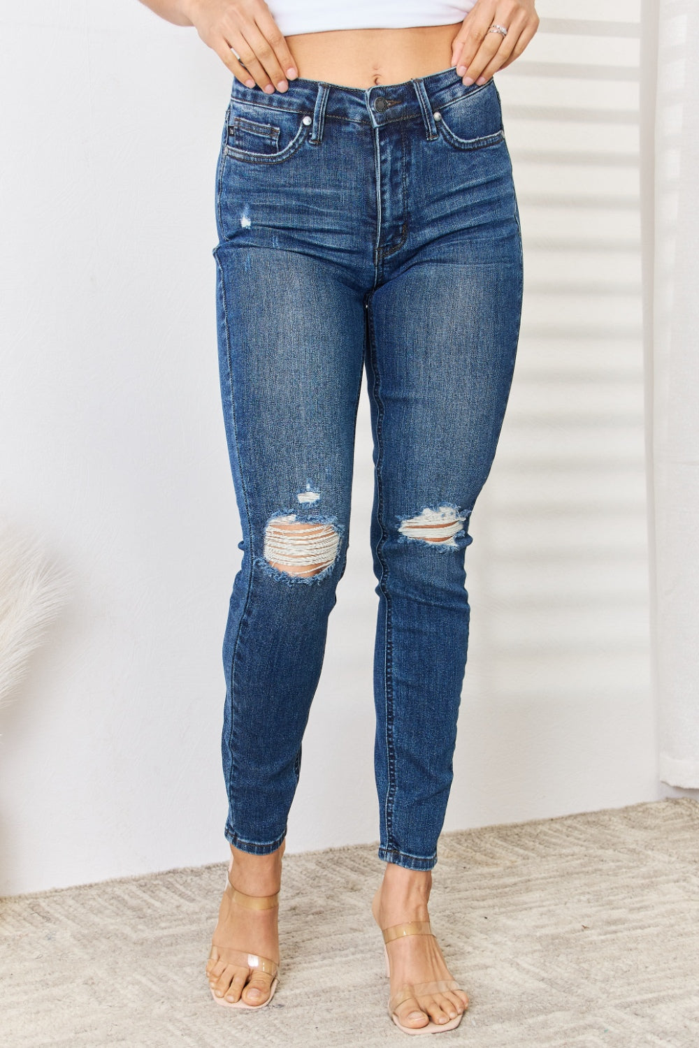 Judy Blue Full Size Mid Waist Distressed Slim Jeans - JEANS - Dark Blue