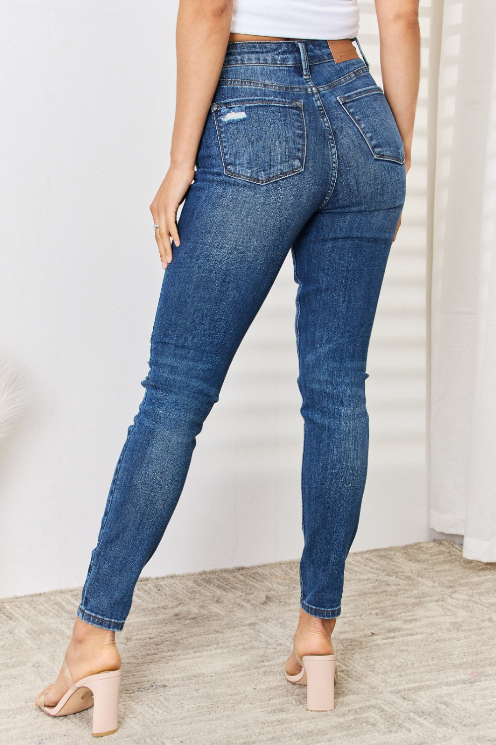 Judy Blue Full Size Mid Waist Distressed Slim Jeans - JEANS - Dark Blue