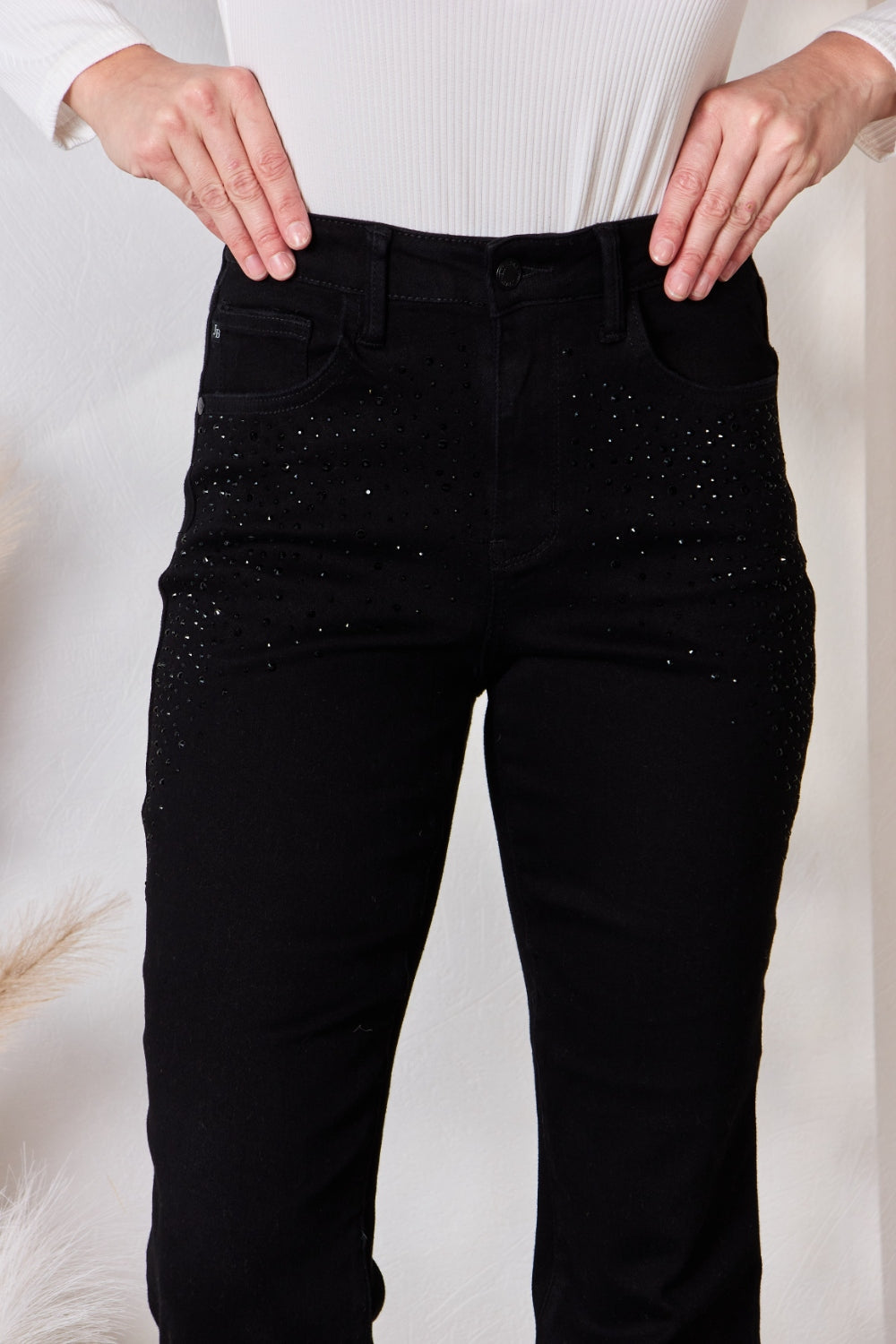 Judy Blue Full Size Rhinestone Embellished Slim Jeans - JEANS - Black