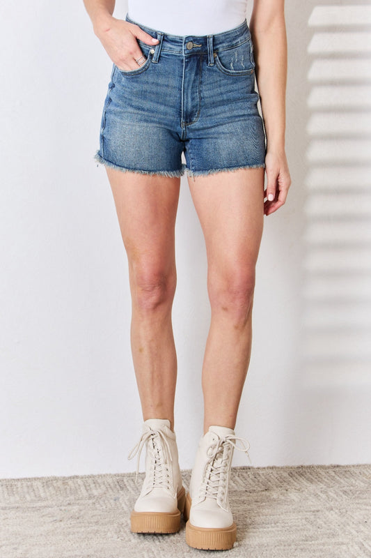 Judy Blue Full Size Tummy Control Fray Hem Shorts - MEDIUM / S - JEANS - Medium Denim