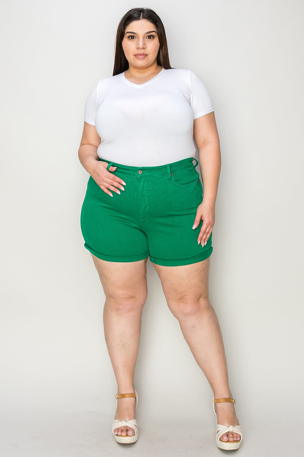 Judy Blue Full Size Tummy Control Garment Dyed Denim Shorts - K GREEN / S - JEANS - Green