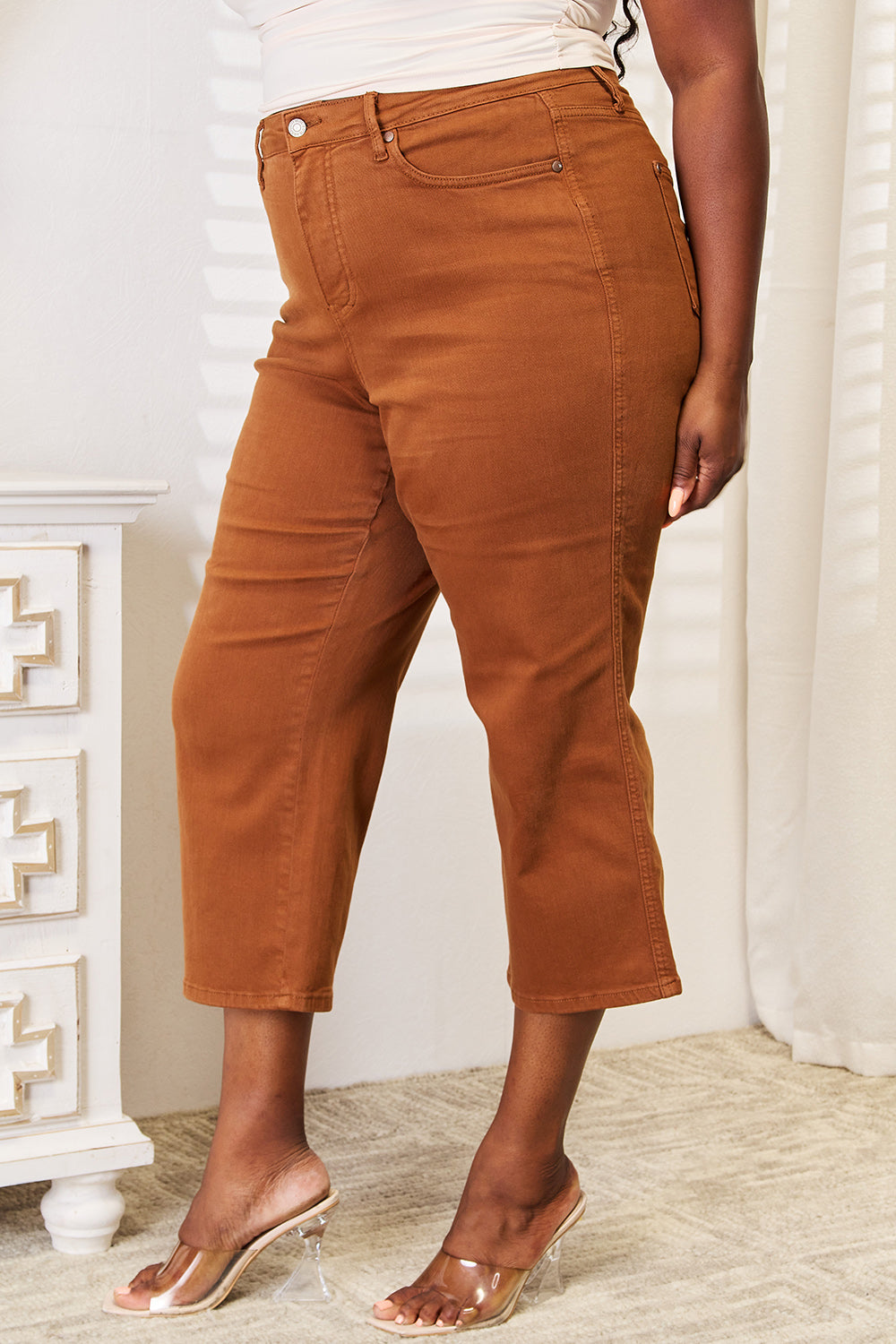 Judy Blue Full Size Tummy Control Garment Dyed Wide Crop - JEANS - Caramel