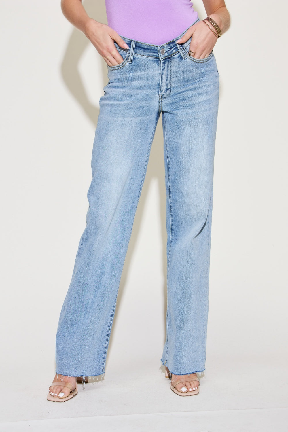 Judy Blue Full Size V Front Waistband Straight Jeans - JEANS - Light blue