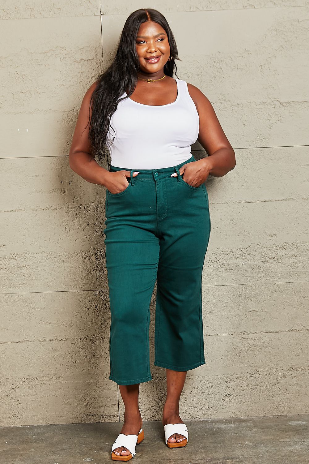 Judy Blue Hailey Full Size Tummy Control High Waisted Cropped Wide Leg Jeans - JEANS - Teal