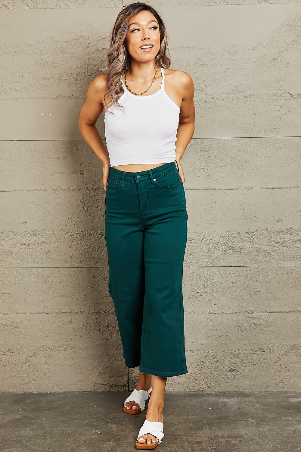 Judy Blue Hailey Full Size Tummy Control High Waisted Cropped Wide Leg Jeans - JEANS - Teal