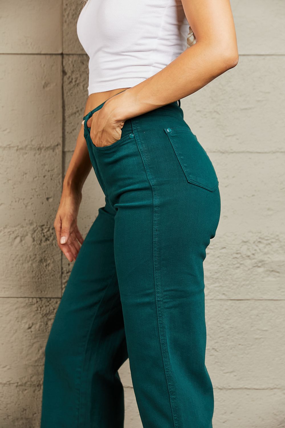 Judy Blue Hailey Full Size Tummy Control High Waisted Cropped Wide Leg Jeans - JEANS - Teal