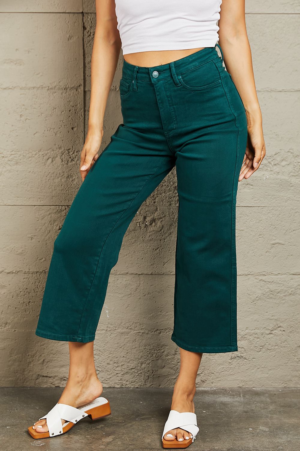 Judy Blue Hailey Full Size Tummy Control High Waisted Cropped Wide Leg Jeans - JEANS - Teal