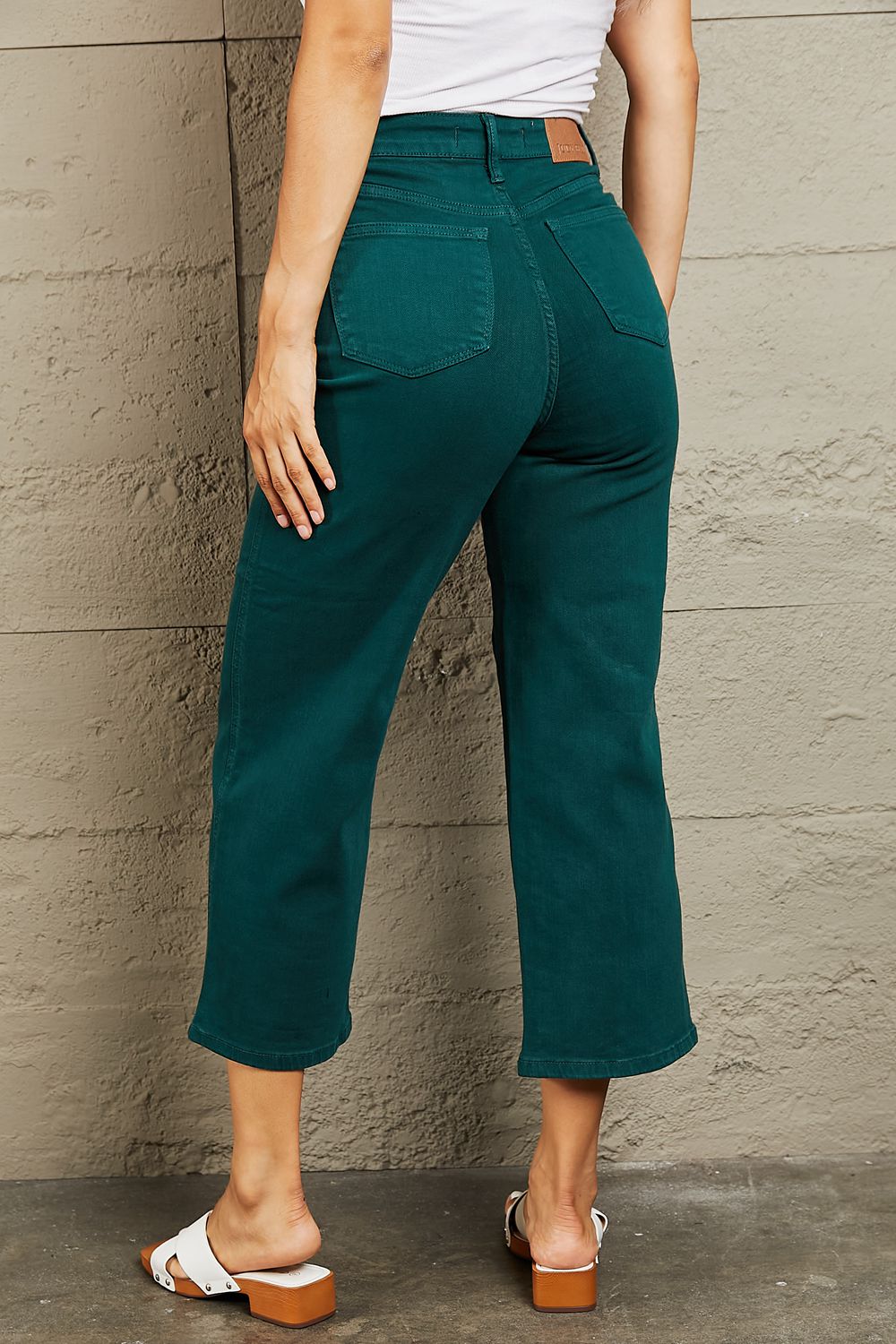 Judy Blue Hailey Full Size Tummy Control High Waisted Cropped Wide Leg Jeans - JEANS - Teal