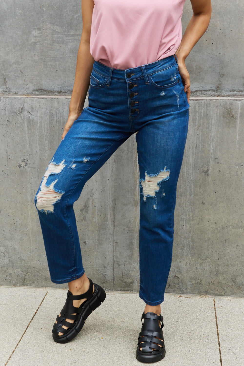 Judy Blue Melanie Full Size High Waisted Distressed Boyfriend Jeans - Dark / 0(24) - JEANS - Blue