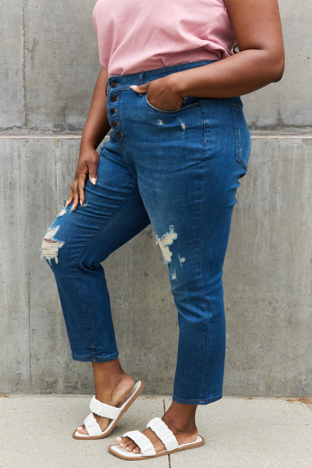 Judy Blue Melanie Full Size High Waisted Distressed Boyfriend Jeans - JEANS - Blue