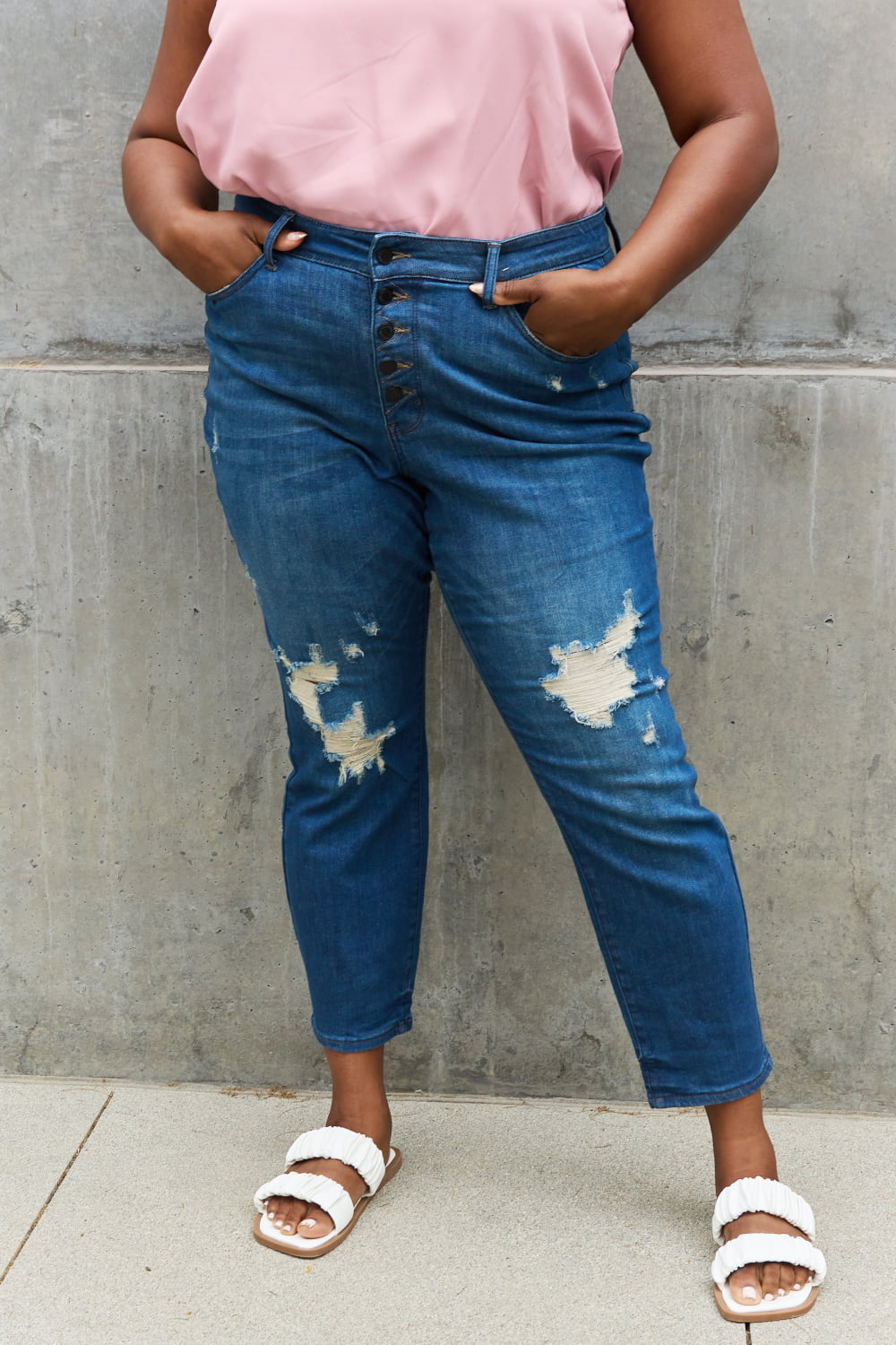 Judy Blue Melanie Full Size High Waisted Distressed Boyfriend Jeans - JEANS - Blue