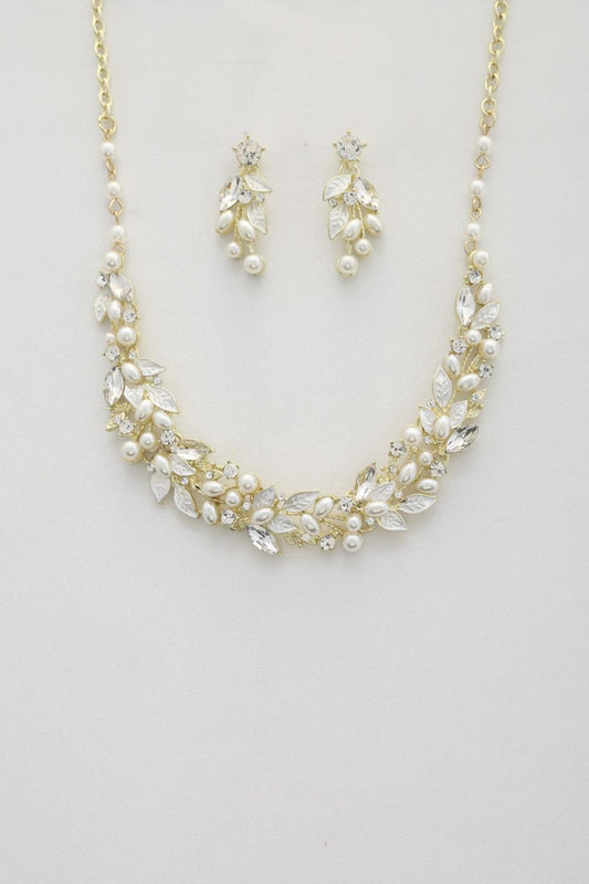 Leaf Pattern Pearl Crystal Necklace Smile Sparker