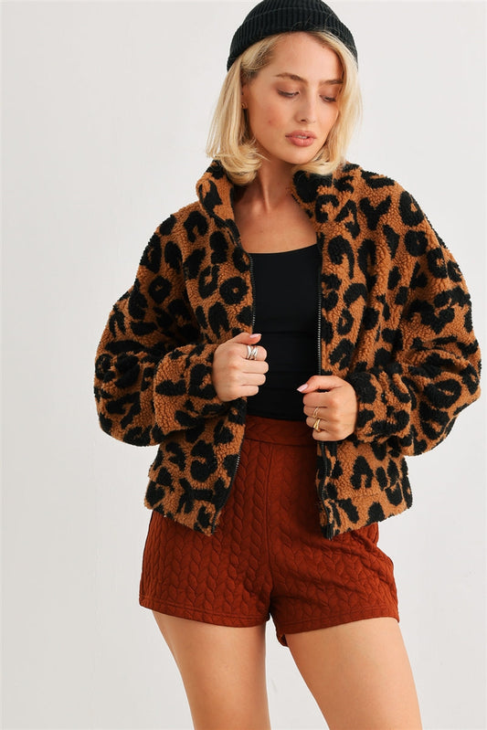 Leopard Teddy Zip-up Two Pocket Jacket Smile Sparker