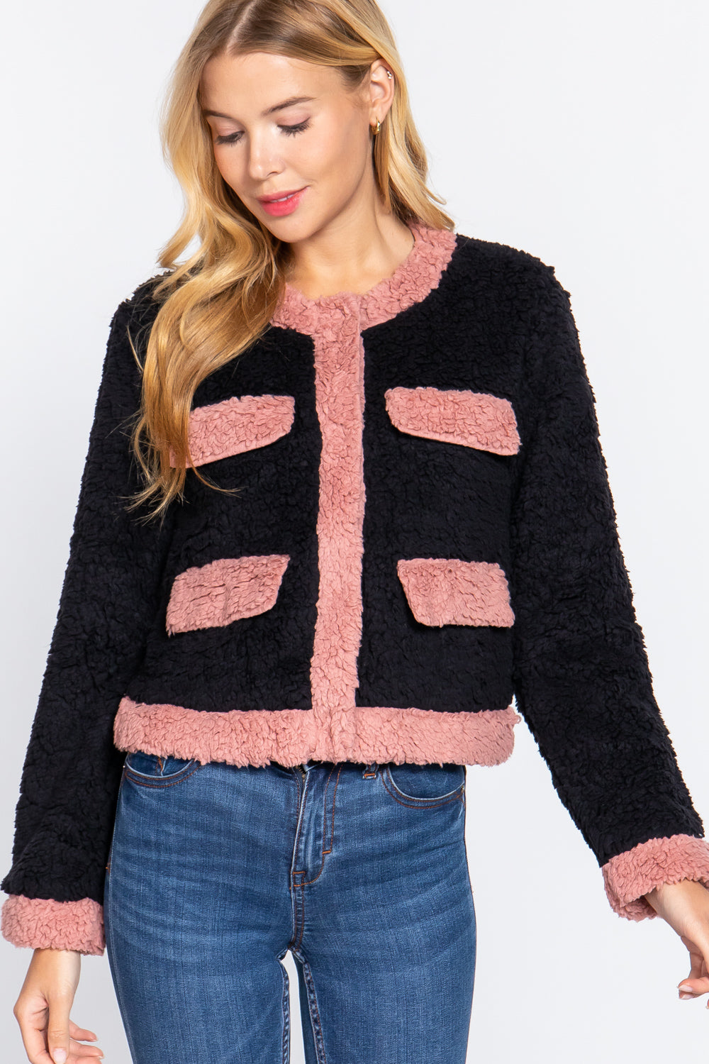 Long Sleeve Pocket Detail Faux Fur Jacket Smile Sparker