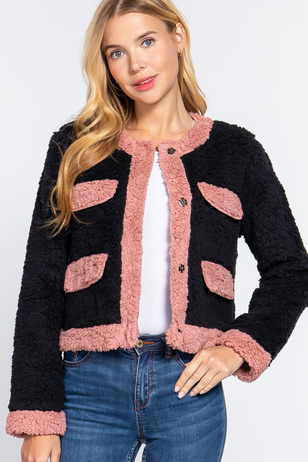 Long Sleeve Pocket Detail Faux Fur Jacket Smile Sparker