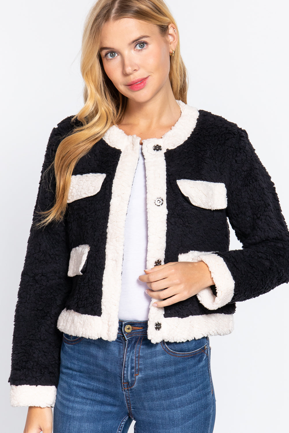 Long Sleeve Pocket Detail Faux Fur Jacket Smile Sparker