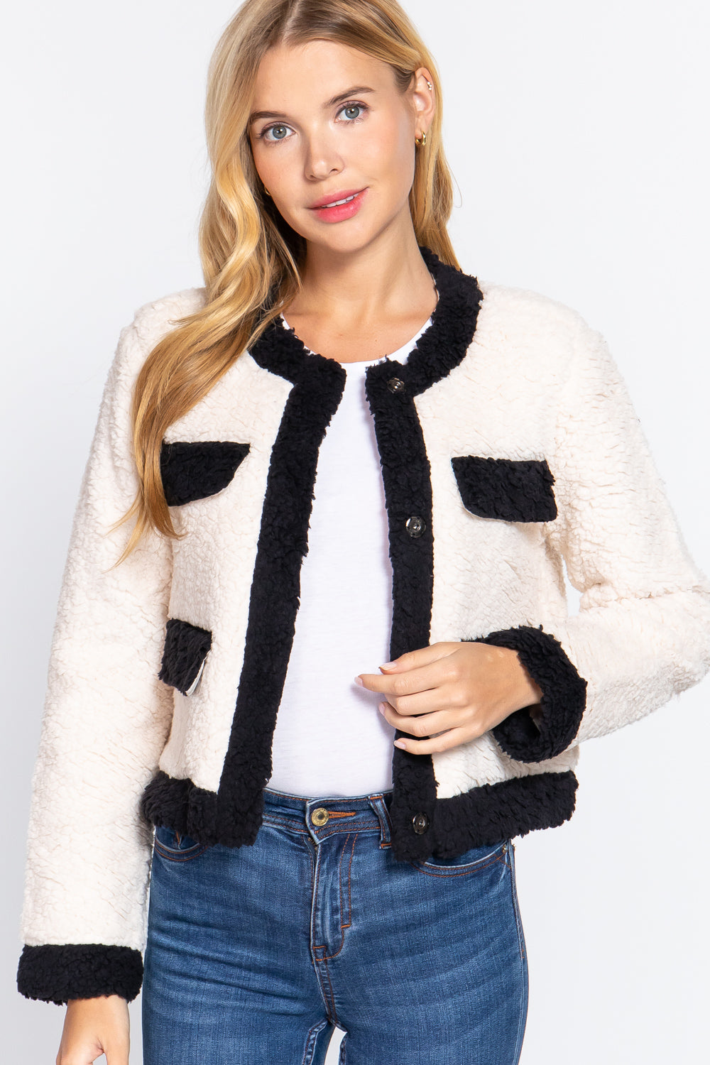 Long Sleeve Pocket Detail Faux Fur Jacket Smile Sparker