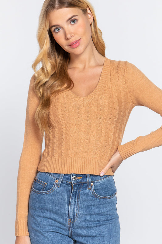 Long Sleeve V-neck Cable Sweater Smile Sparker