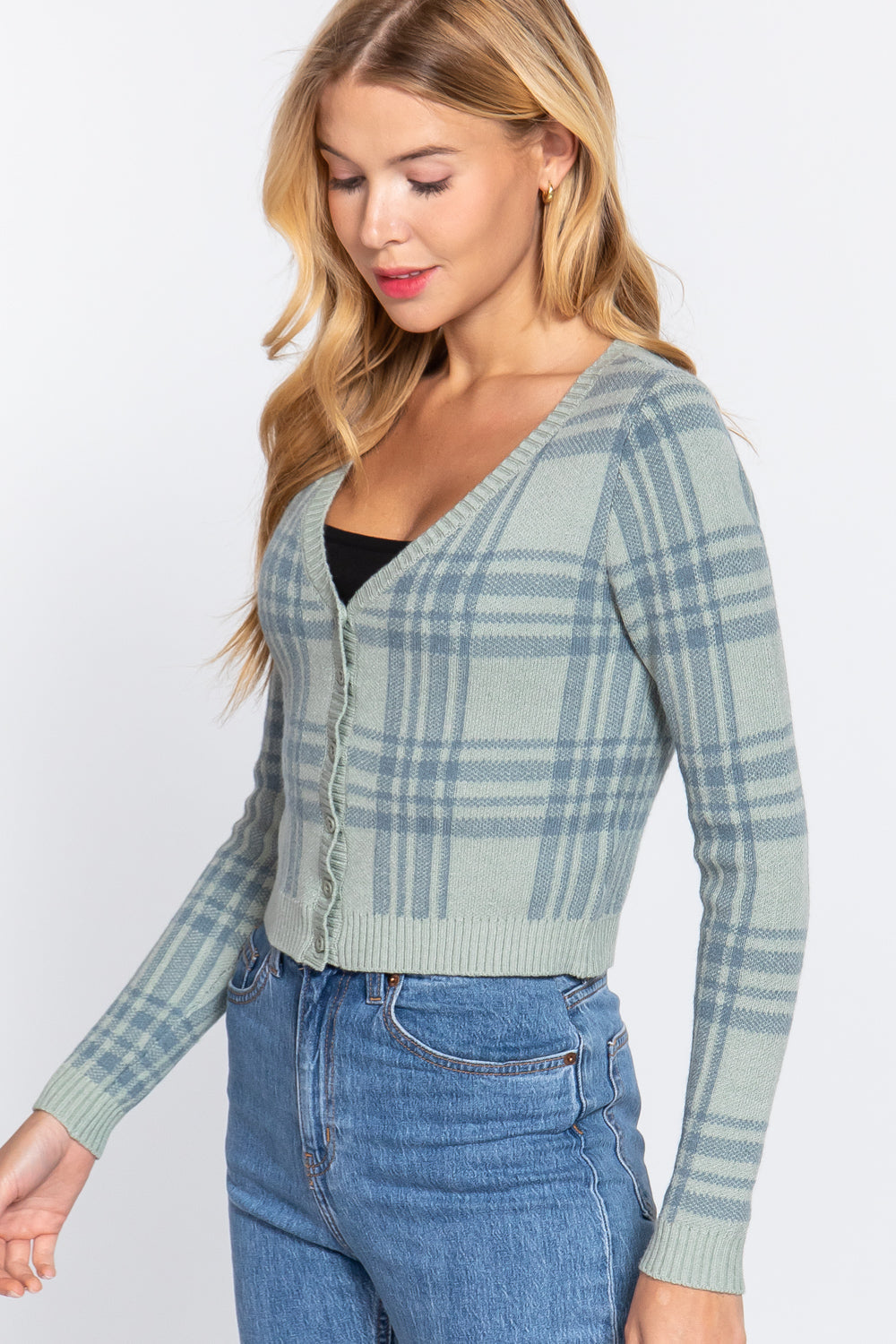 Long Sleeve V-neck Fitted Button Down Plaid Sweater Cardigan Smile Sparker