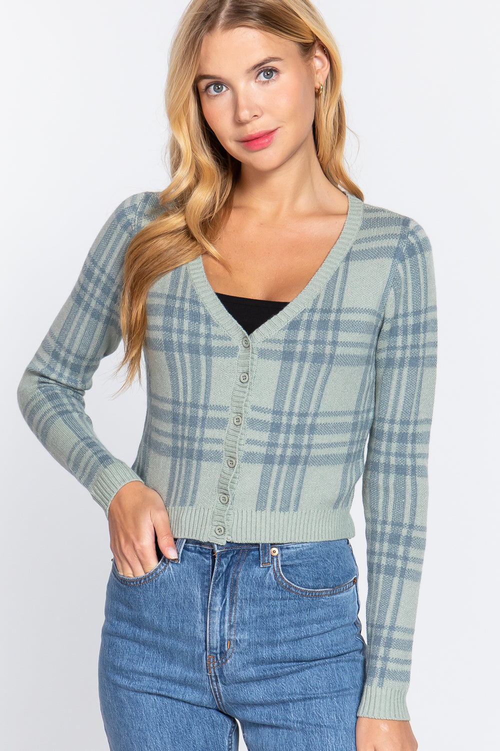 Long Sleeve V-neck Fitted Button Down Plaid Sweater Cardigan Smile Sparker