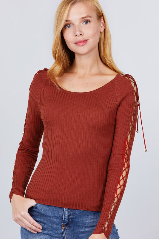 Long Sleeve W/strappy Detail Round Neck Rib Sweater Top Smile Sparker