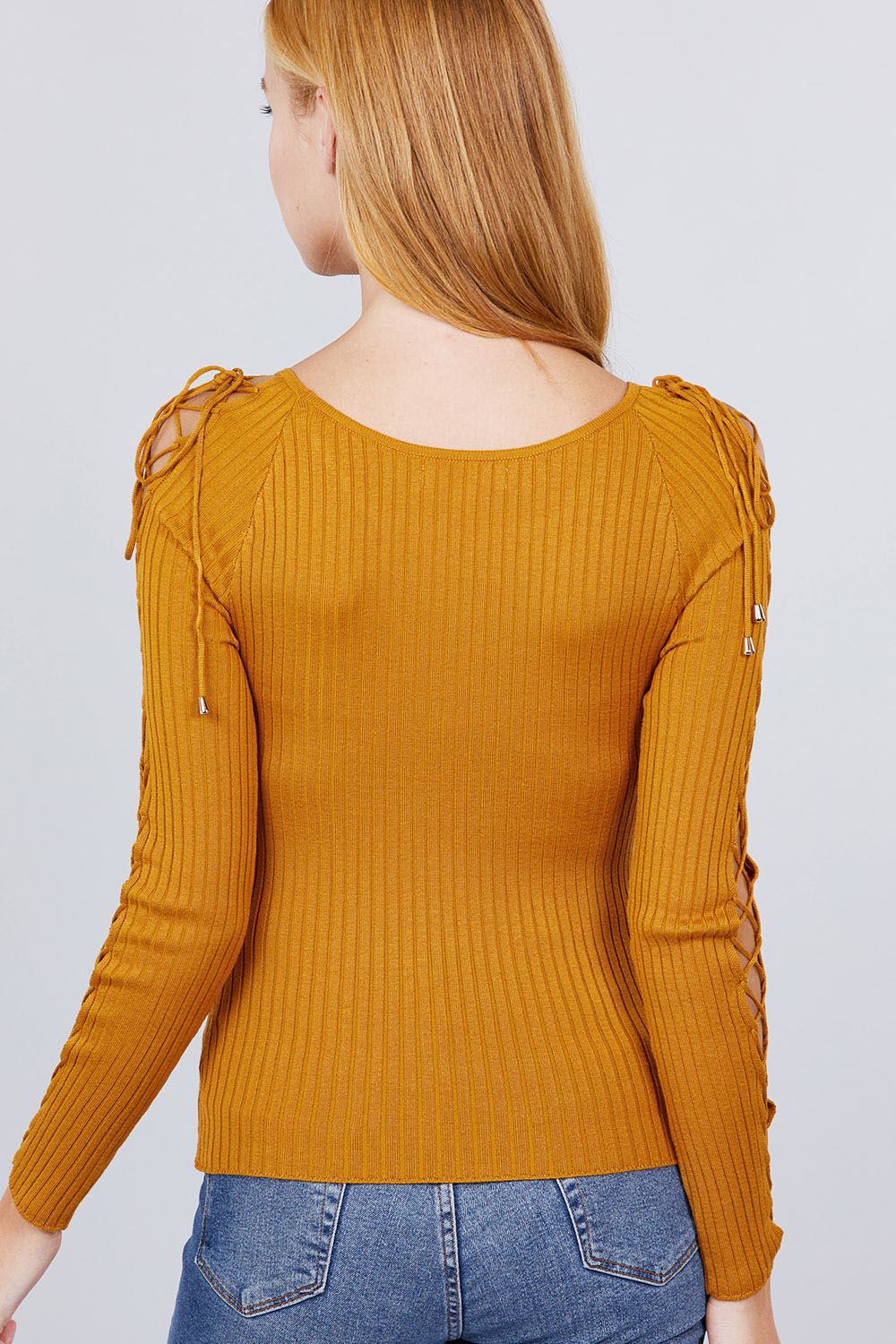 Long Sleeve W/strappy Detail Round Neck Rib Sweater Top Smile Sparker