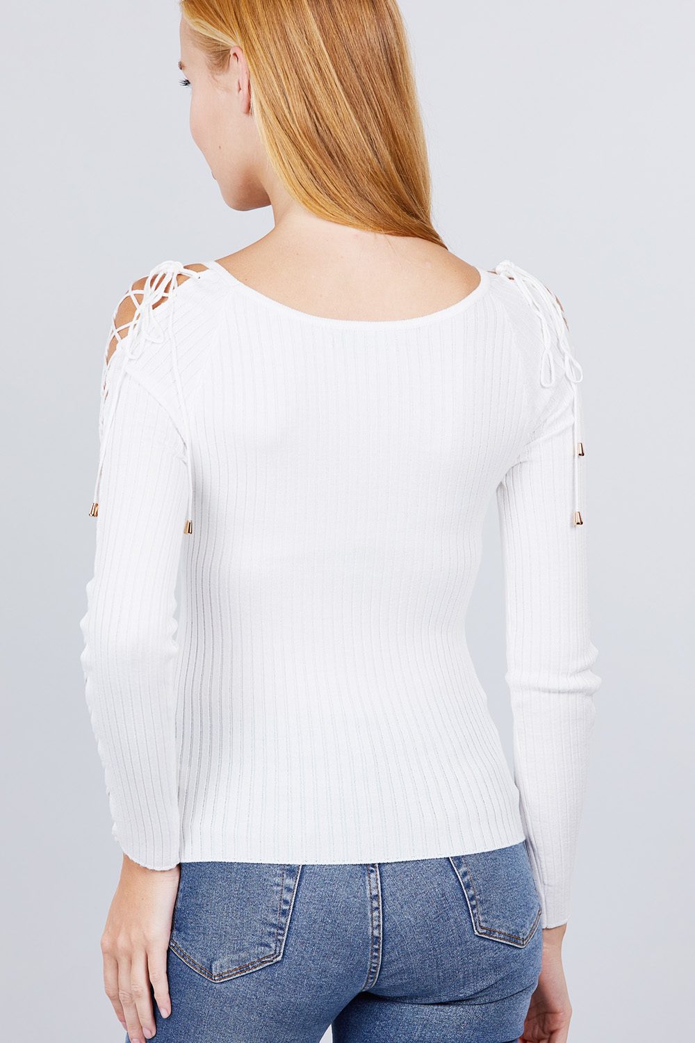 Long Sleeve W/strappy Detail Round Neck Rib Sweater Top Smile Sparker