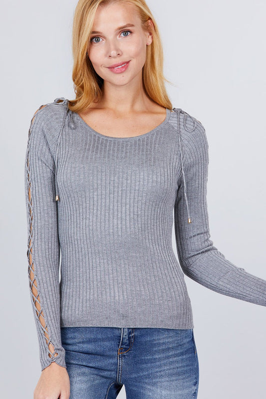 Long Sleeve W/strappy Detail Round Neck Rib Sweater Top Smile Sparker